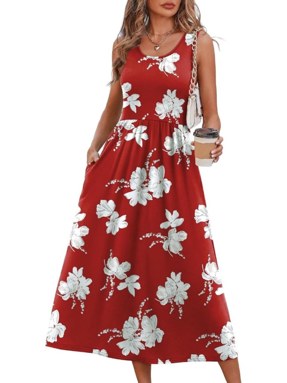 Women's Midi Dresses Red Floral Scoop Neck Sleeveless Summer Casual Soft Comfort